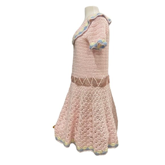 Vintage Handmade Crochet women Barbie style Dress With Scallop Trim Zigzag Belt - Picture 3 of 16